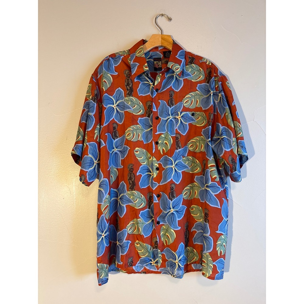 Vintage Montage Tropics Mens Medium Silk Hawaiian Shirt  Floral Tiki Totem Aloha